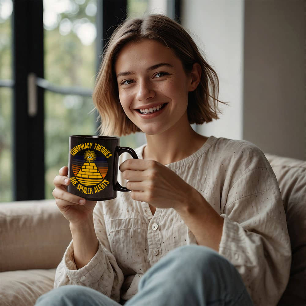 Conspiracy Theories Are Spoiler Alerts Coffee Mug (11 oz) Funny Conspiracy Realist Pyramid Illuminati Graphic Gift Mugs for Conspiracy Theorists