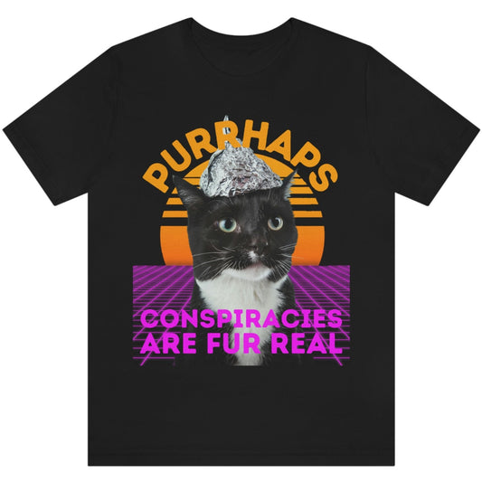 Purrhaps Conspiracies Are Fur Real Pun Funny Conspiracy Cat in Tinfoil Hat Illuminati Meme Vaporwave Sunset Graphic Tee Unisex T-Shirt