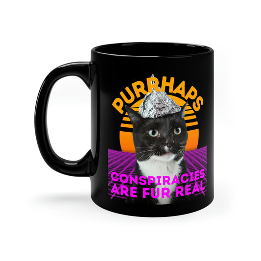 Purrhaps Conspiracies Are Fur Real Pun Funny Conspiracy Cat in Tinfoil Hat Illuminati Meme Vaporwave Sunset 11oz Black Coffee Mug