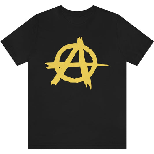 Yellow Anarchist Symbol Libertarian Anarchism Anarcho-Capitalism Graphic Tee Short Sleeve Unisex T-Shirt Bella+Canvas 3001