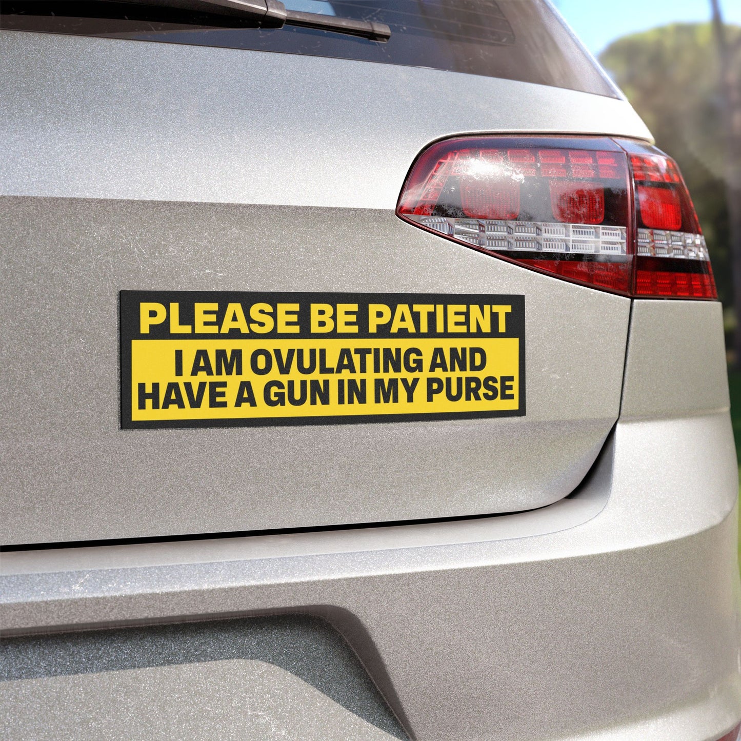 Please Be Patient I Am Ovulating and Have a Gun in My Purse Bumper Sticker Magnet Funny Magnetic Bumper Stickers (Contains Plastic) 3x10"