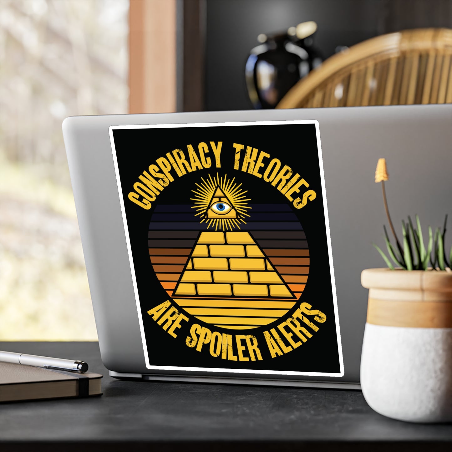 Conspiracy Theories Are Spoiler Alerts Sticker (Vinyl) Funny Stickers for Conspiracy Realists Pyramid Illuminati Graphic