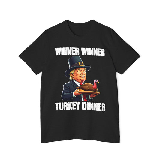 Trump Winner Winner Turkey Dinner Thanksgiving 2024 Pilgrim Hat Funny Graphic Tee Unisex 100% Cotton Made in USA T-Shirt V2