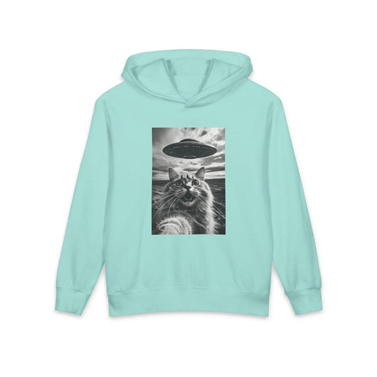 Cat Selfie with Alien UFO Weird Funny Meme Graphic Kids Hooded Sweatshirt Comfort Colors 1467Y Hoodie
