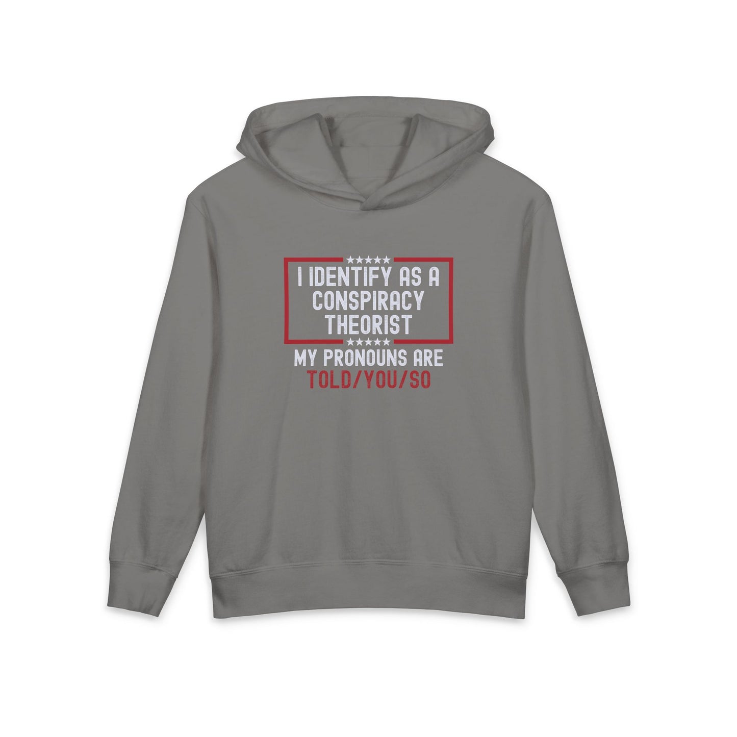 I Identify as a Conspiracy Theorist My Pronouns Are Told/You/So Funny Meme Kids Hooded Sweatshirt Comfort Colors 1467Y Hoodie