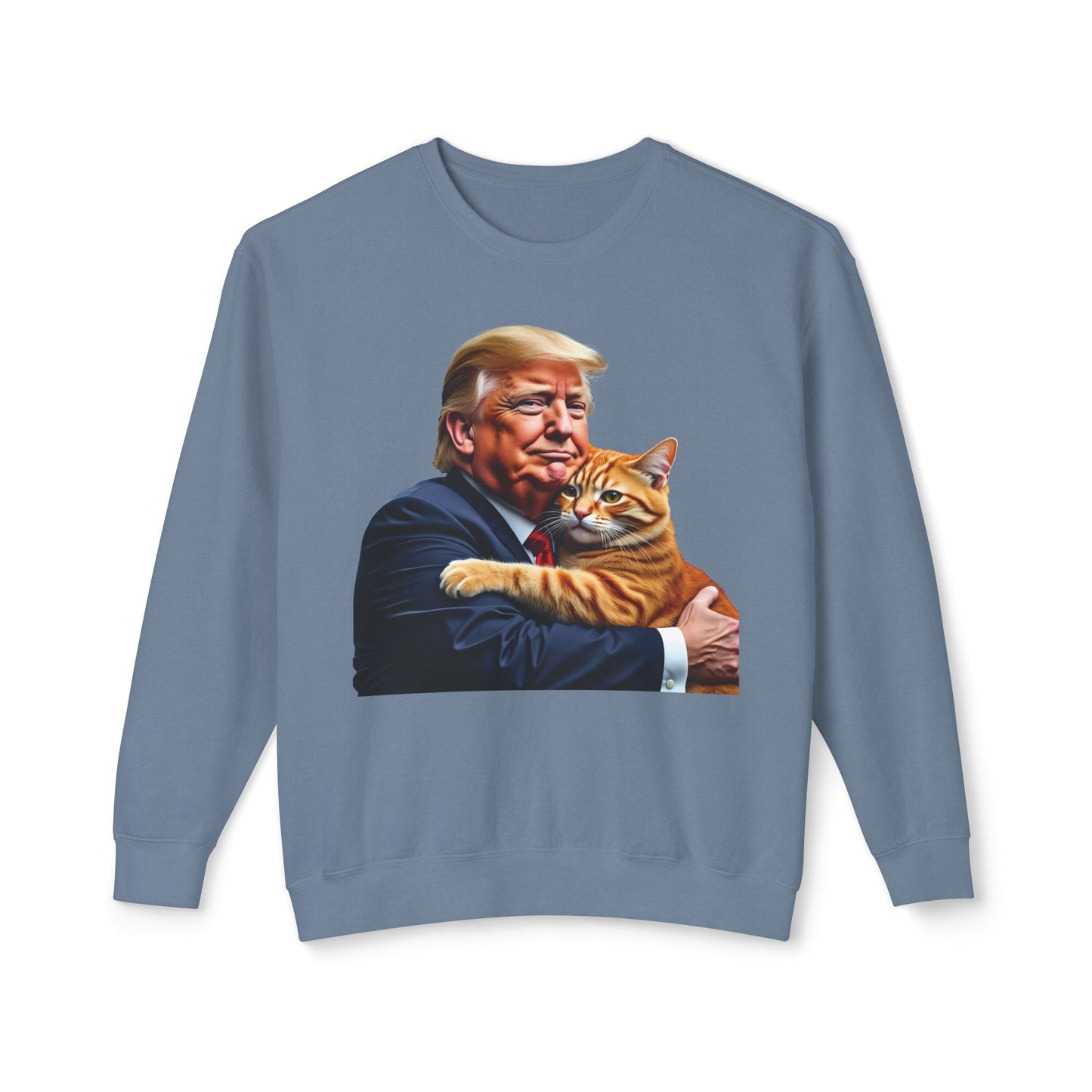 Donald Trump Holding Cat They're Eating the Cats Trump 2024 Funny Graphic Unisex 100% Cotton Sweatshirt (Lightweight)