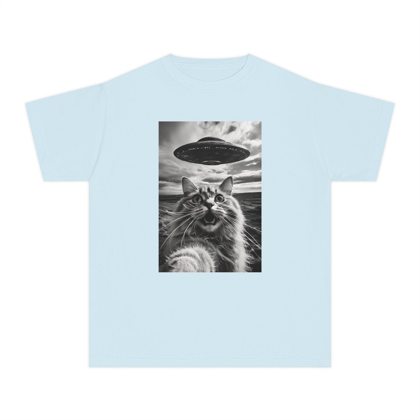 Cat Selfie with Alien UFO Weird Funny Meme Graphic Kids T-Shirt Comfort Colors 9018