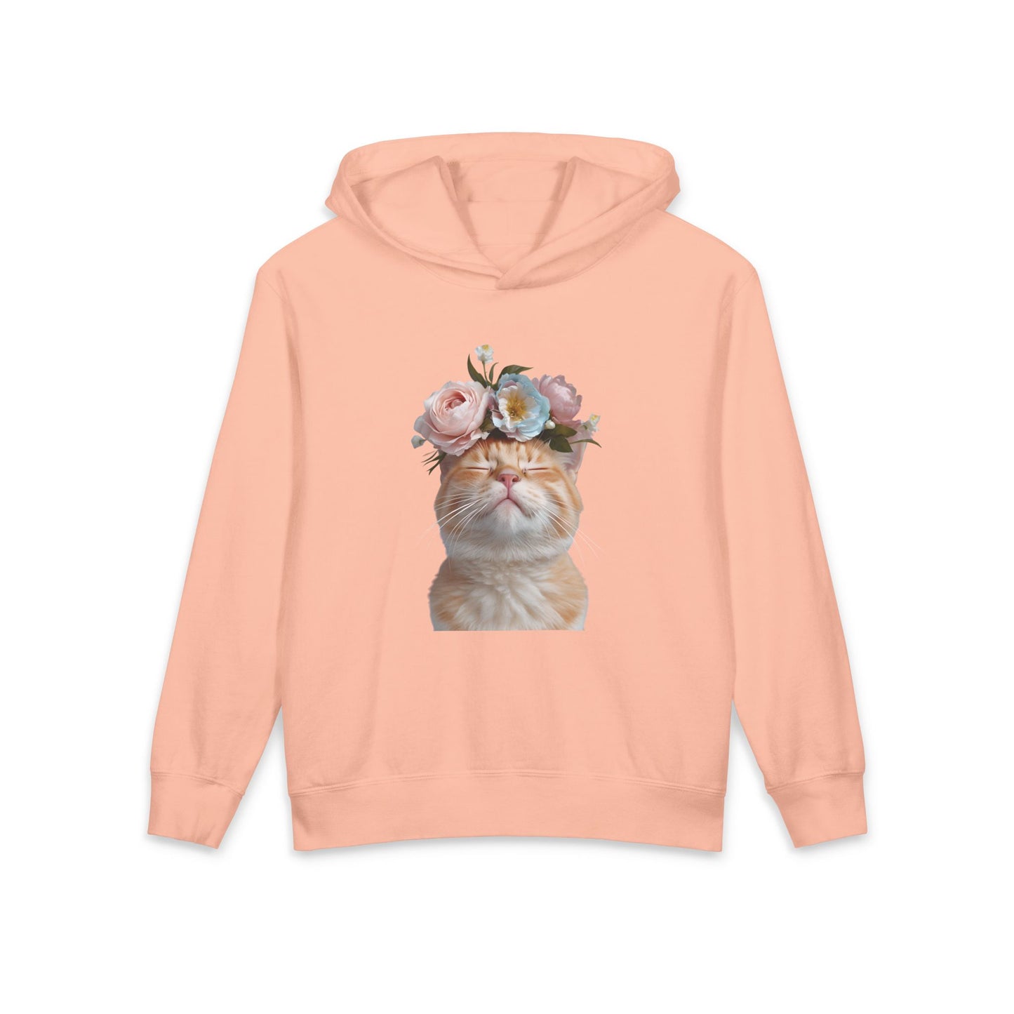 Orange Cat With Flowers on Head Cute Floral Flower Crown Graphic Kids Hooded Sweatshirt Comfort Colors 1467Y Hoodie