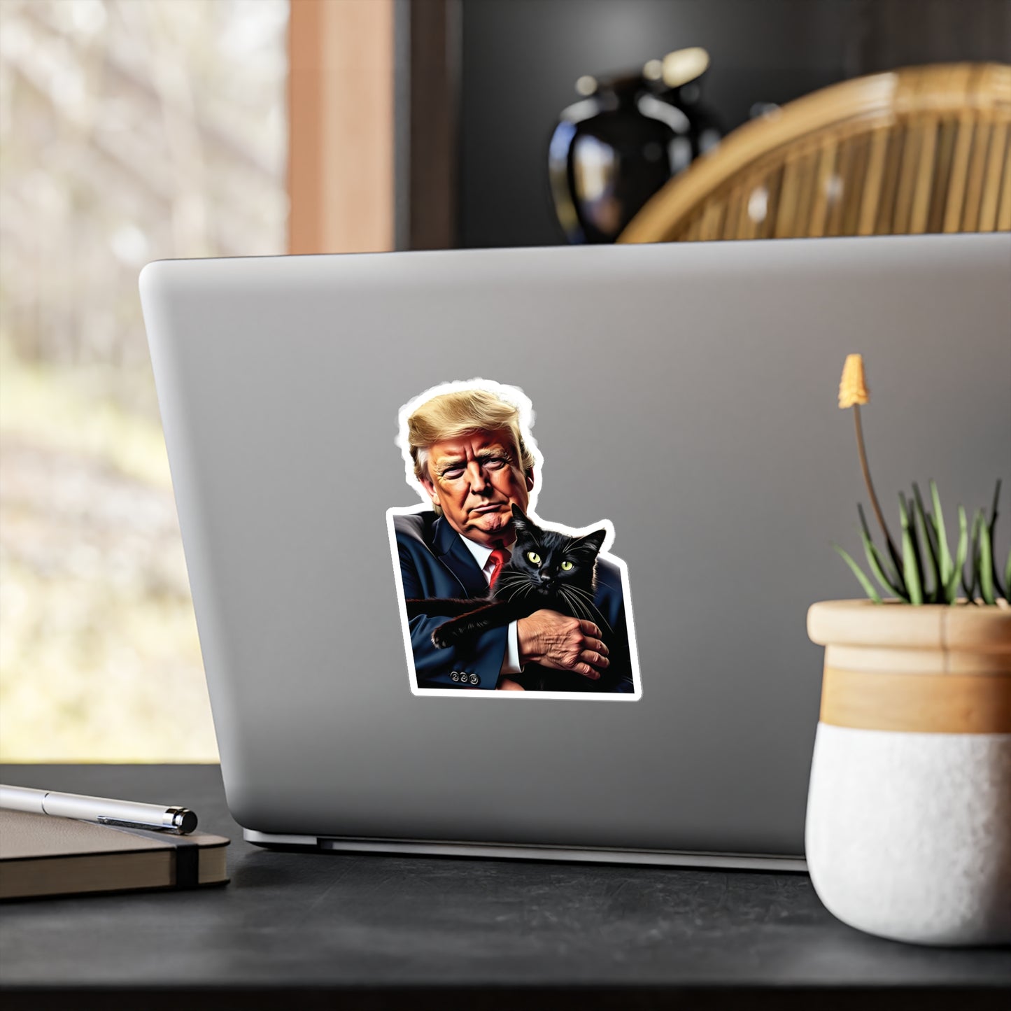 Donald Trump Holding Black Cat Sticker They're Eating the Cats Trump 2024 Funny Graphic (Vinyl)