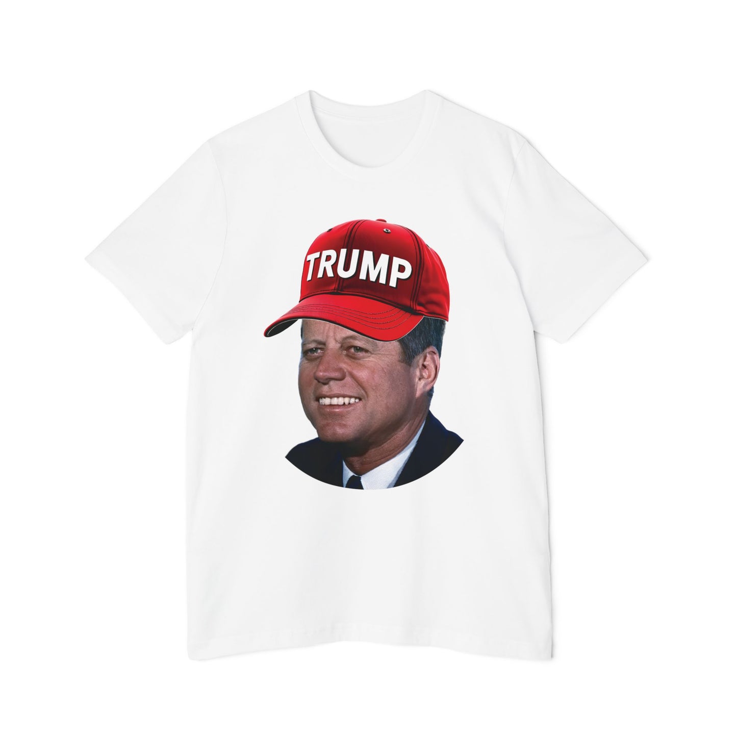 JFK Wearing Trump Hat Funny John F Kennedy Meme Graphic Unisex 100% Cotton Made in USA T-Shirt for Trump 2024 Supporters