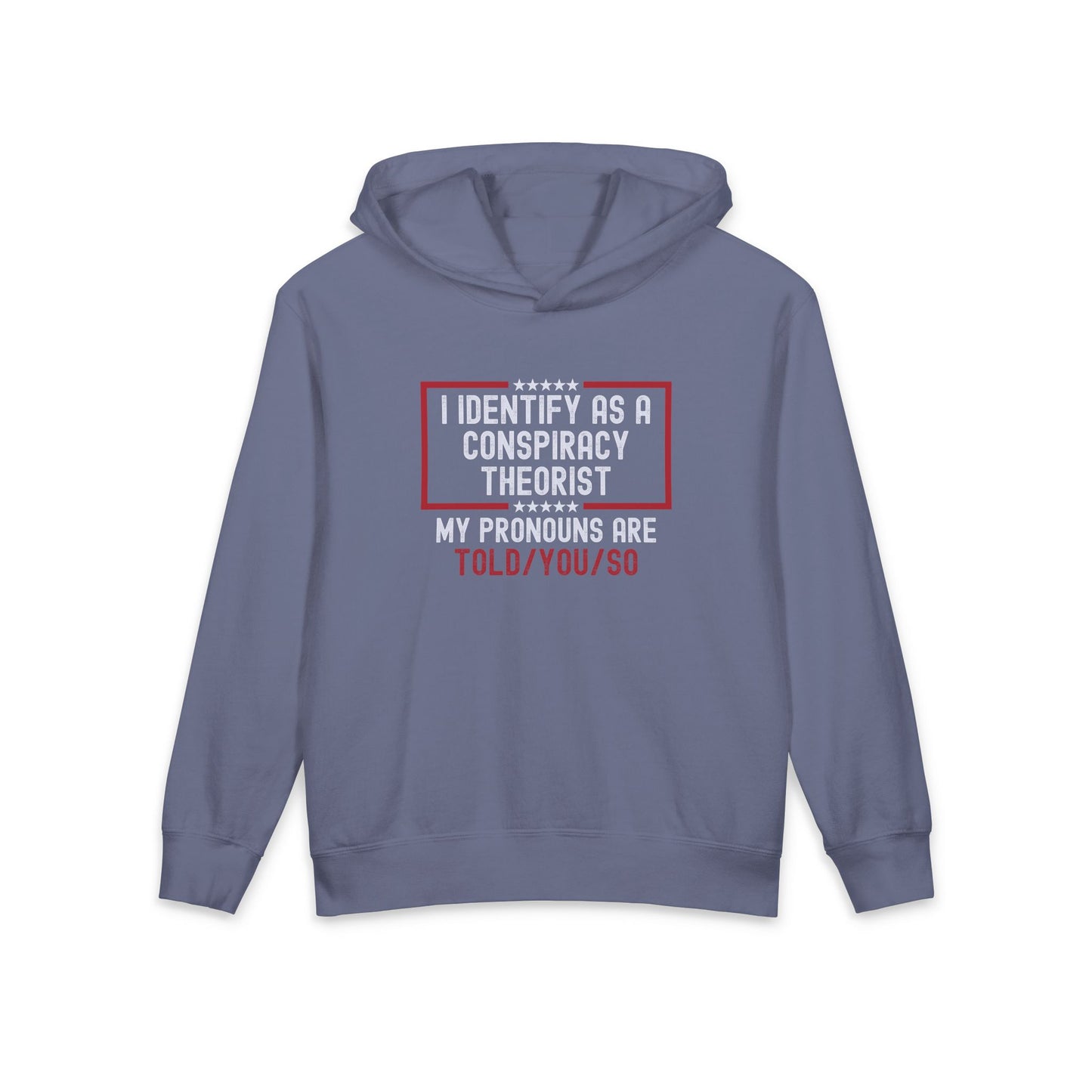 I Identify as a Conspiracy Theorist My Pronouns Are Told/You/So Funny Meme Kids Hooded Sweatshirt Comfort Colors 1467Y Hoodie