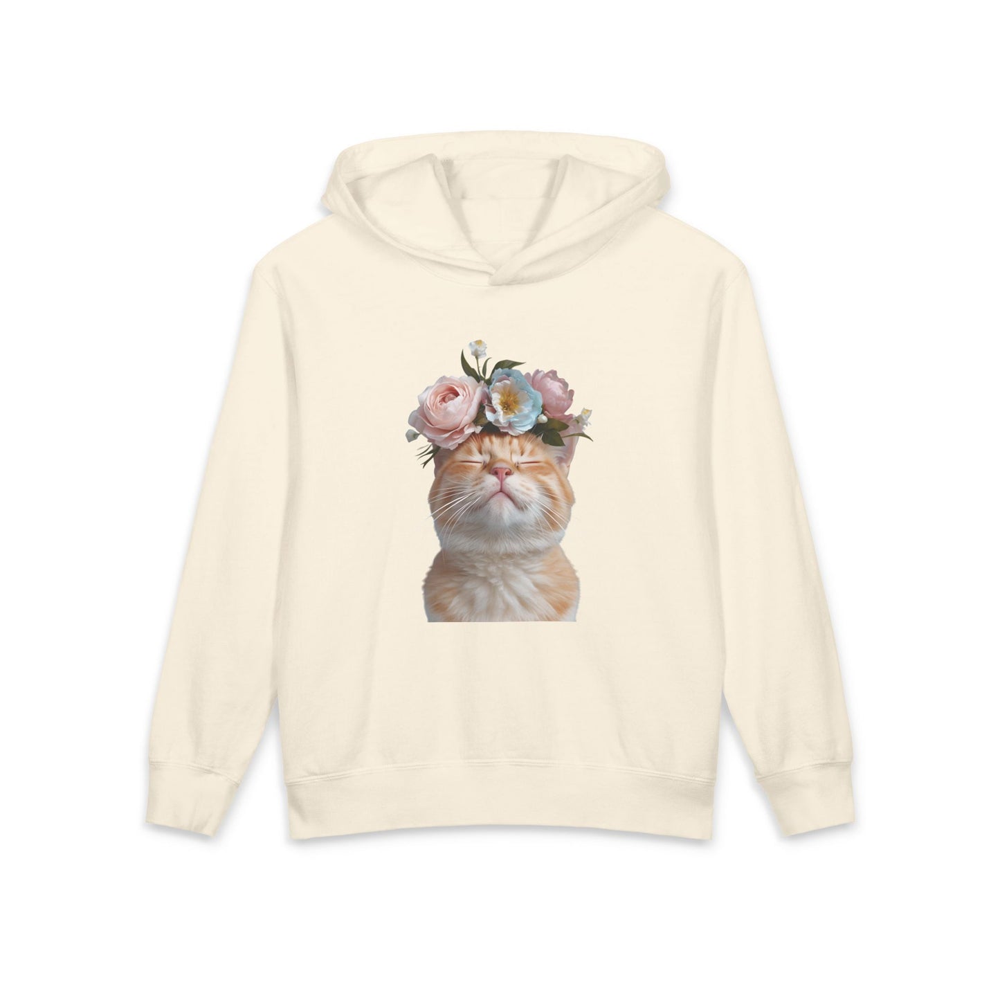 Orange Cat With Flowers on Head Cute Floral Flower Crown Graphic Kids Hooded Sweatshirt Comfort Colors 1467Y Hoodie