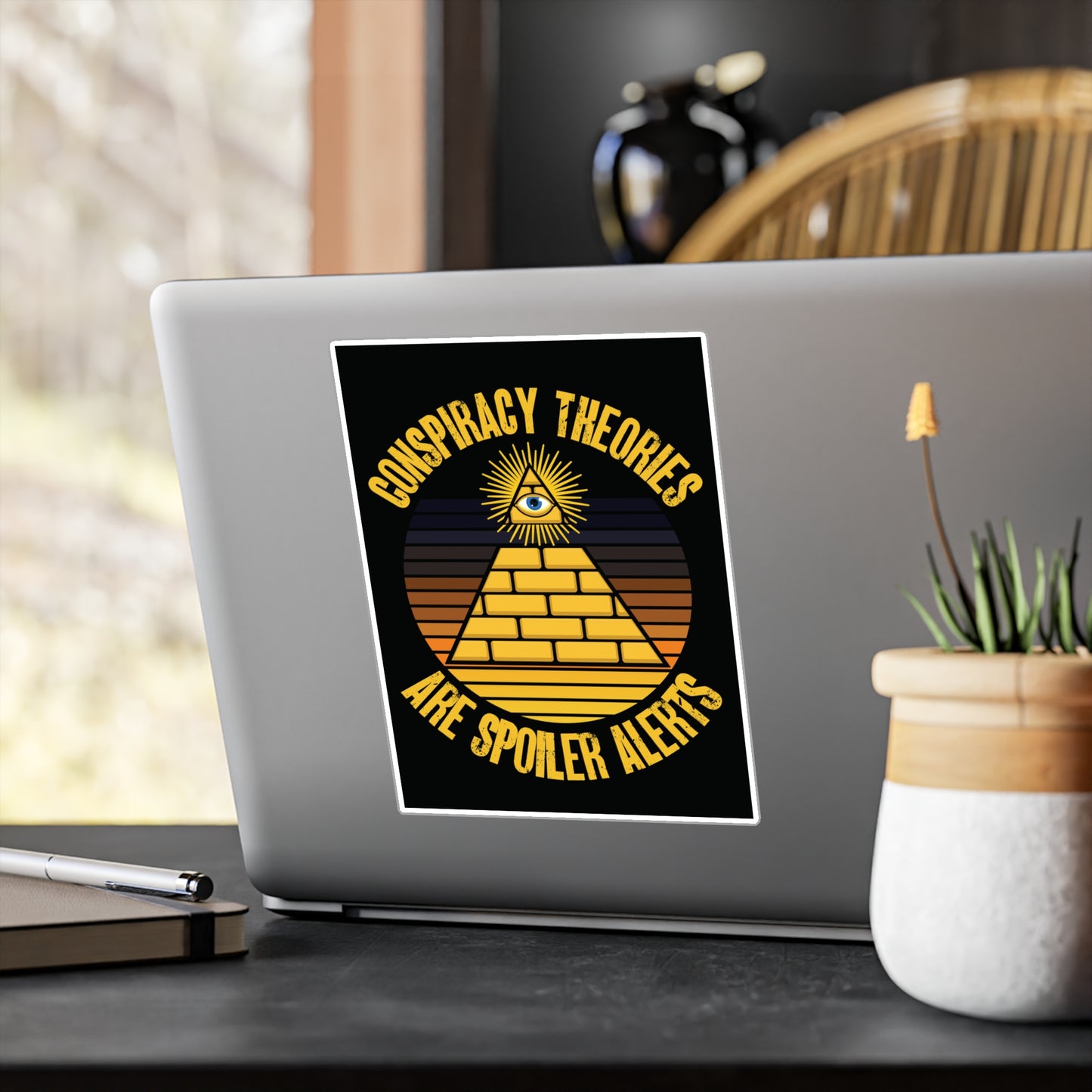 Conspiracy Theories Are Spoiler Alerts Sticker (Vinyl) Funny Stickers for Conspiracy Realists Pyramid Illuminati Graphic