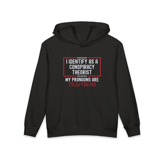 I Identify as a Conspiracy Theorist My Pronouns Are Told/You/So Funny Meme Kids Hooded Sweatshirt Comfort Colors 1467Y Hoodie
