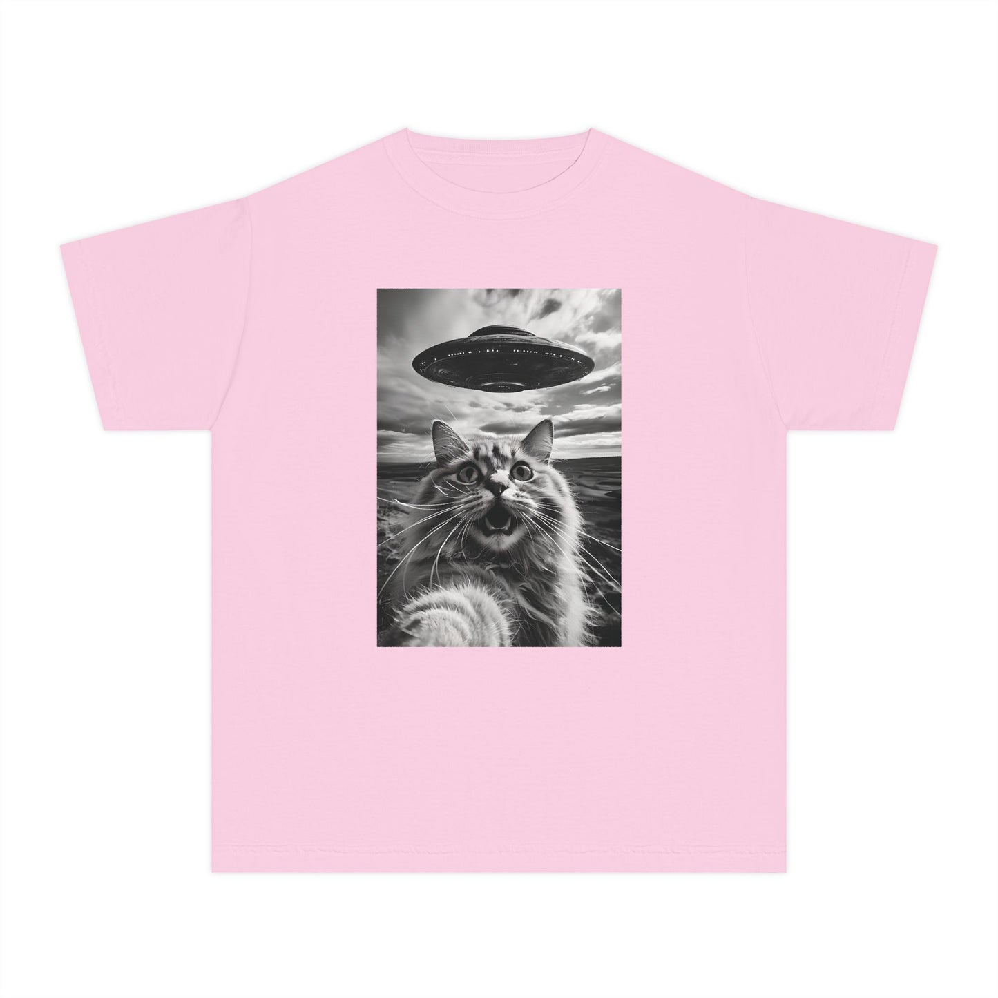 Cat Selfie with Alien UFO Weird Funny Meme Graphic Kids T-Shirt Comfort Colors 9018