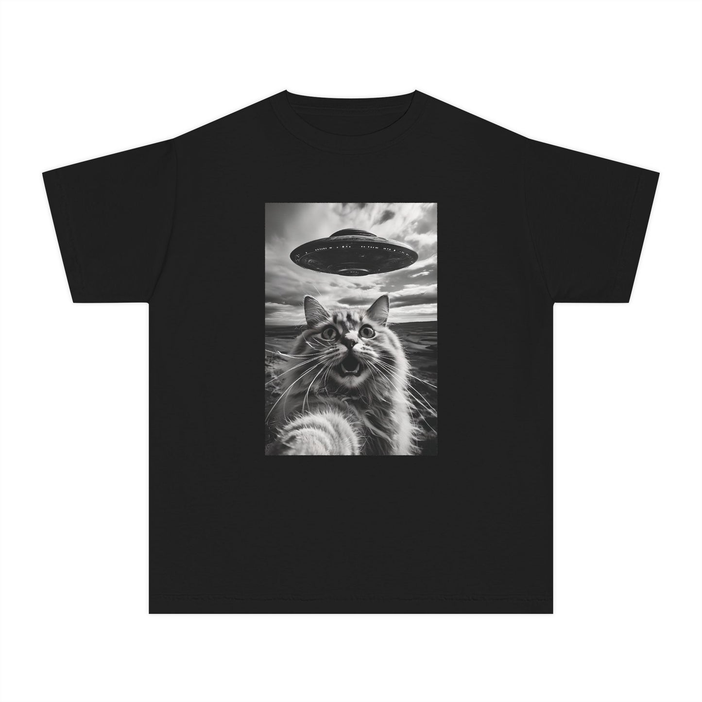 Cat Selfie with Alien UFO Weird Funny Meme Graphic Kids T-Shirt Comfort Colors 9018