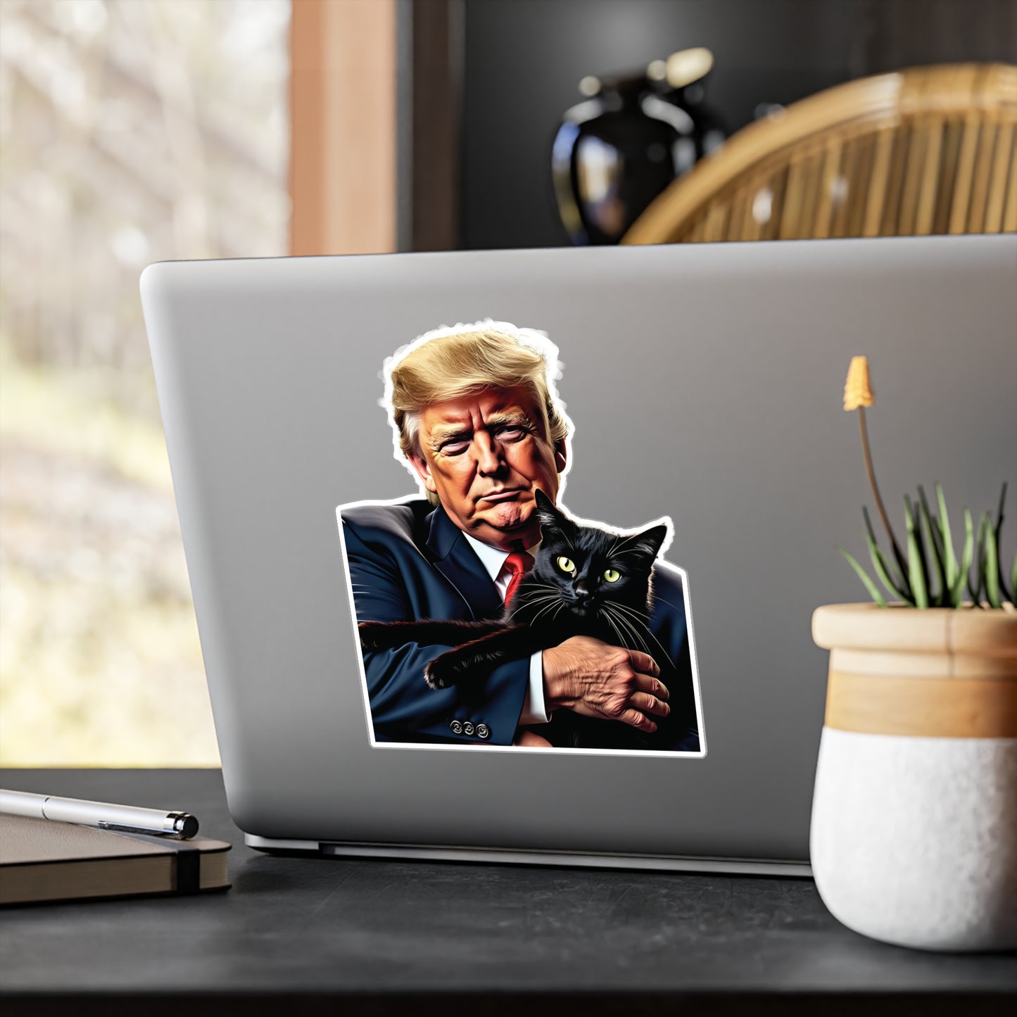 Donald Trump Holding Black Cat Sticker They're Eating the Cats Trump 2024 Funny Graphic (Vinyl)