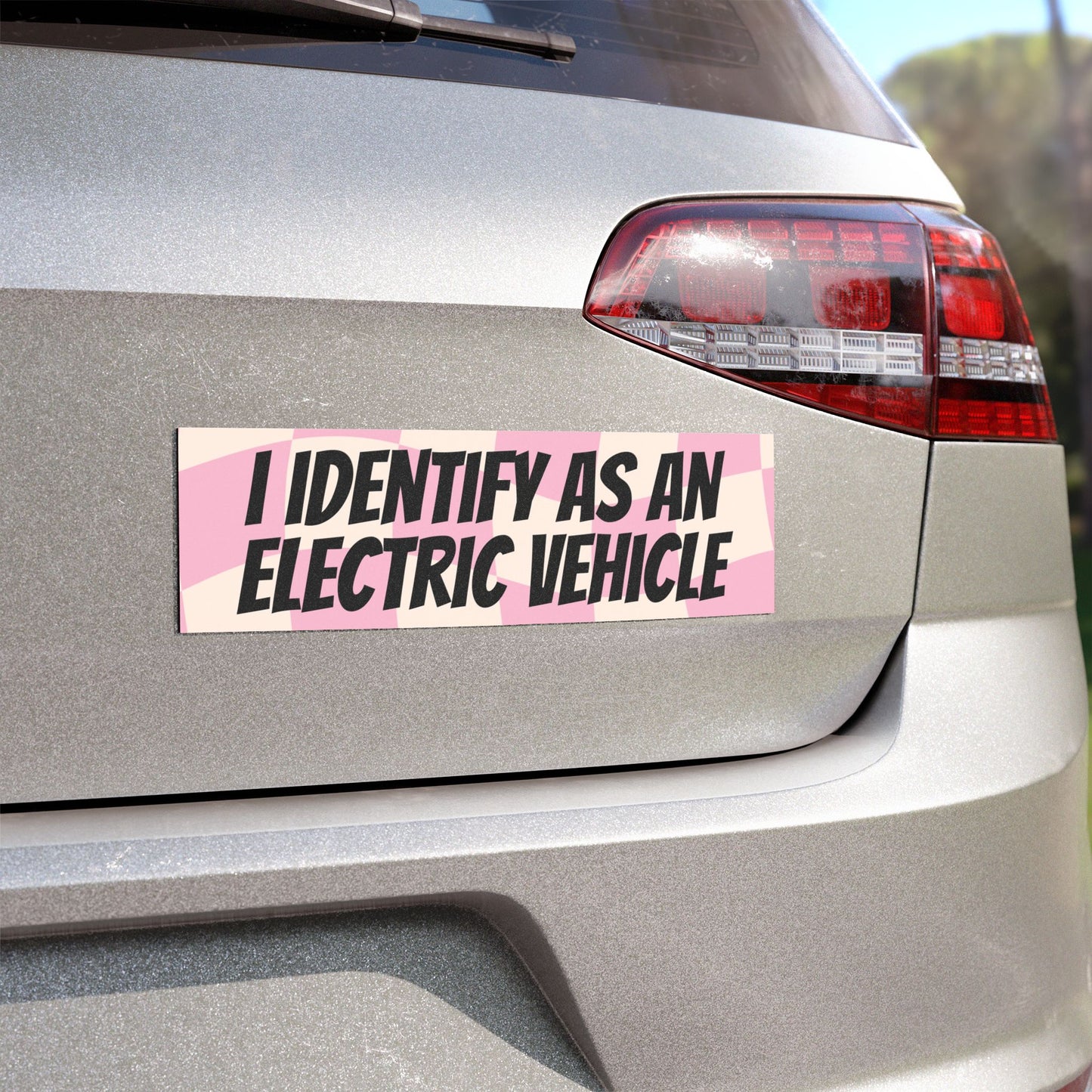 I Identify as an Electric Vehicle Magnet Bumper Sticker Funny Magnetic Bumper Stickers (Contains Plastic) 3x10" Pink Checkerboard Version