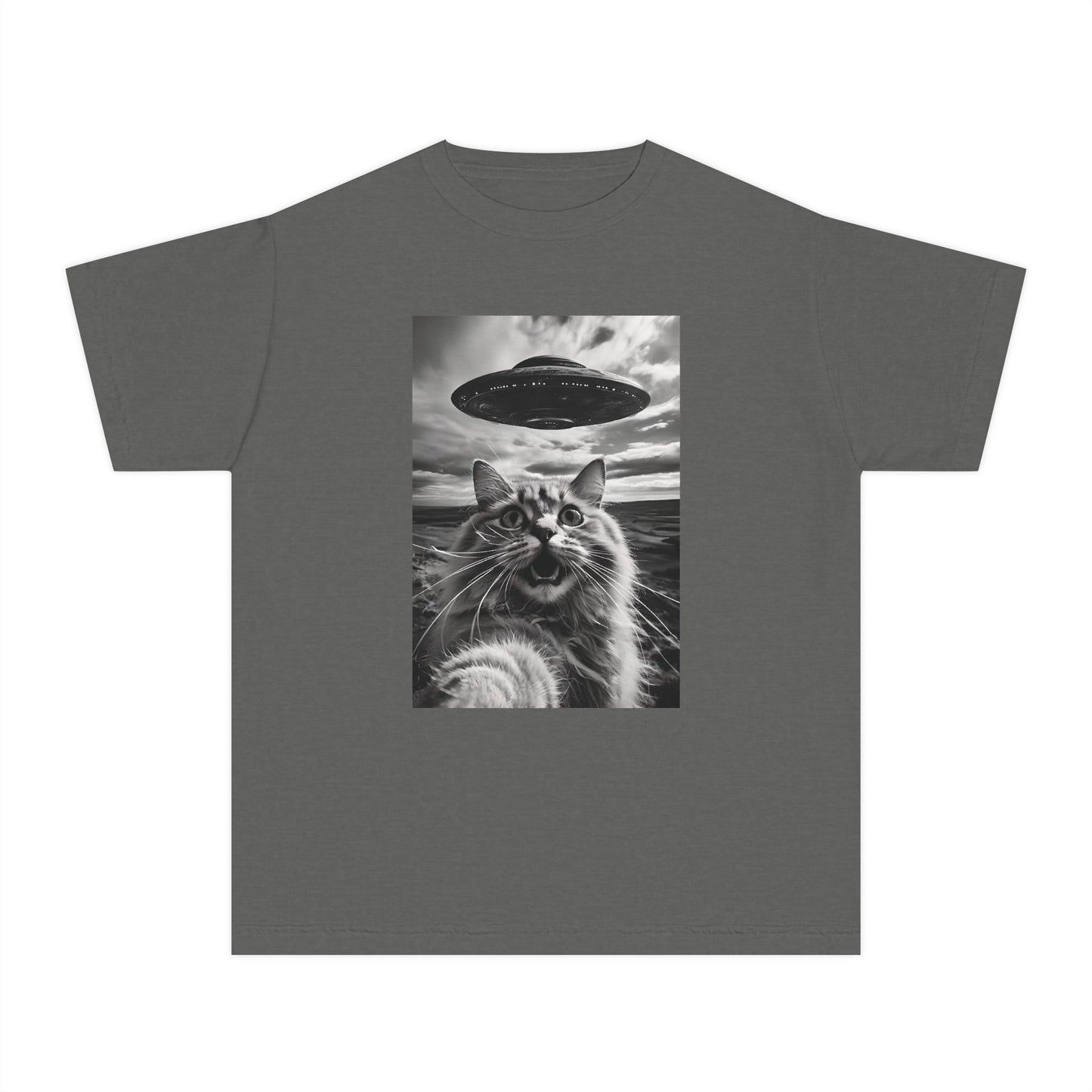 Cat Selfie with Alien UFO Weird Funny Meme Graphic Kids T-Shirt Comfort Colors 9018