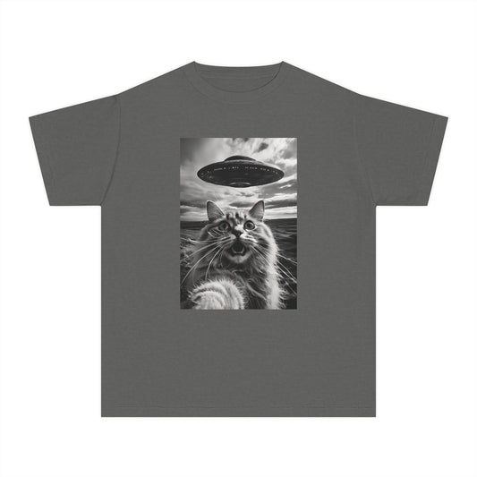 Cat Selfie with Alien UFO Weird Funny Meme Graphic Kids T-Shirt Comfort Colors 9018