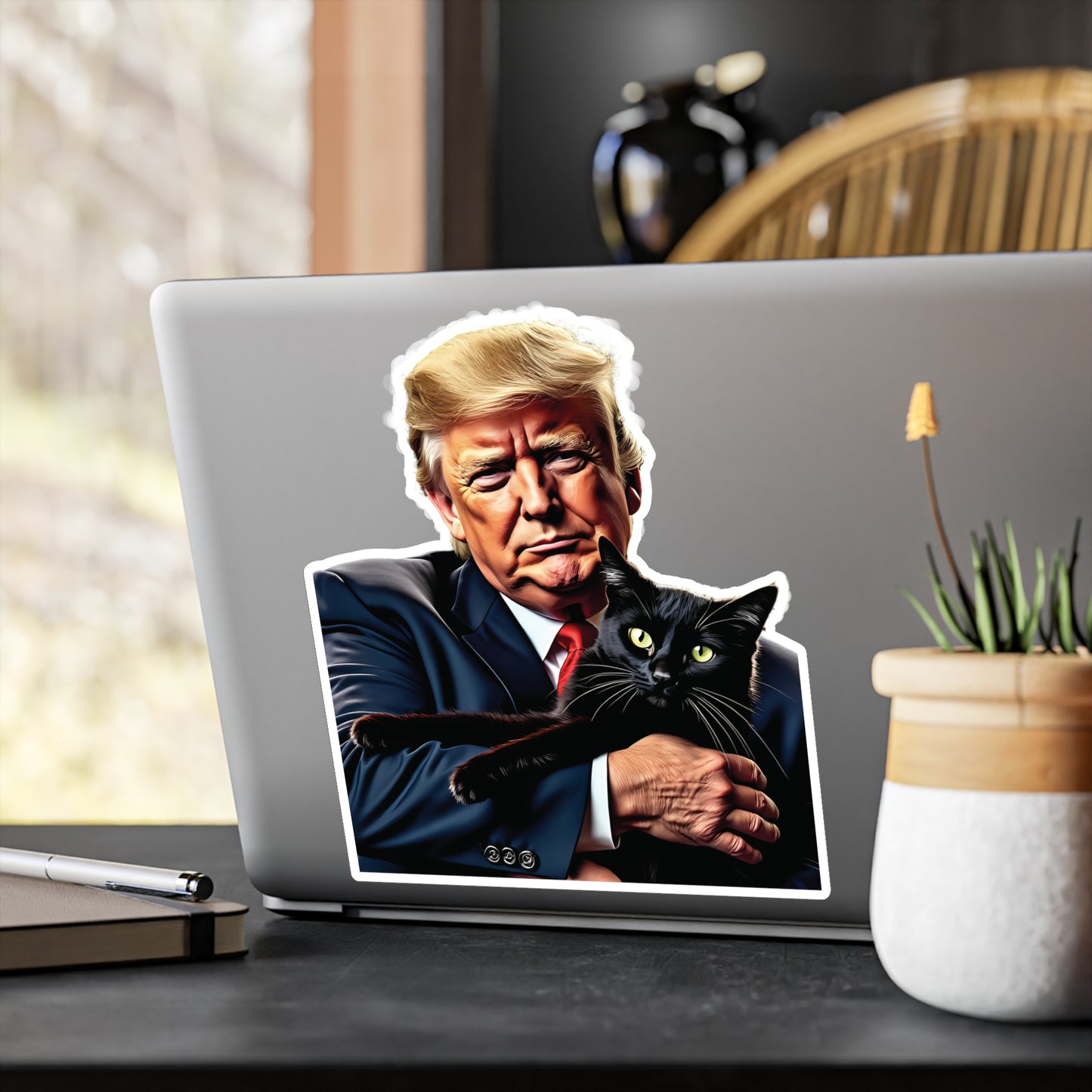 Donald Trump Holding Black Cat Sticker They're Eating the Cats Trump 2024 Funny Graphic (Vinyl)