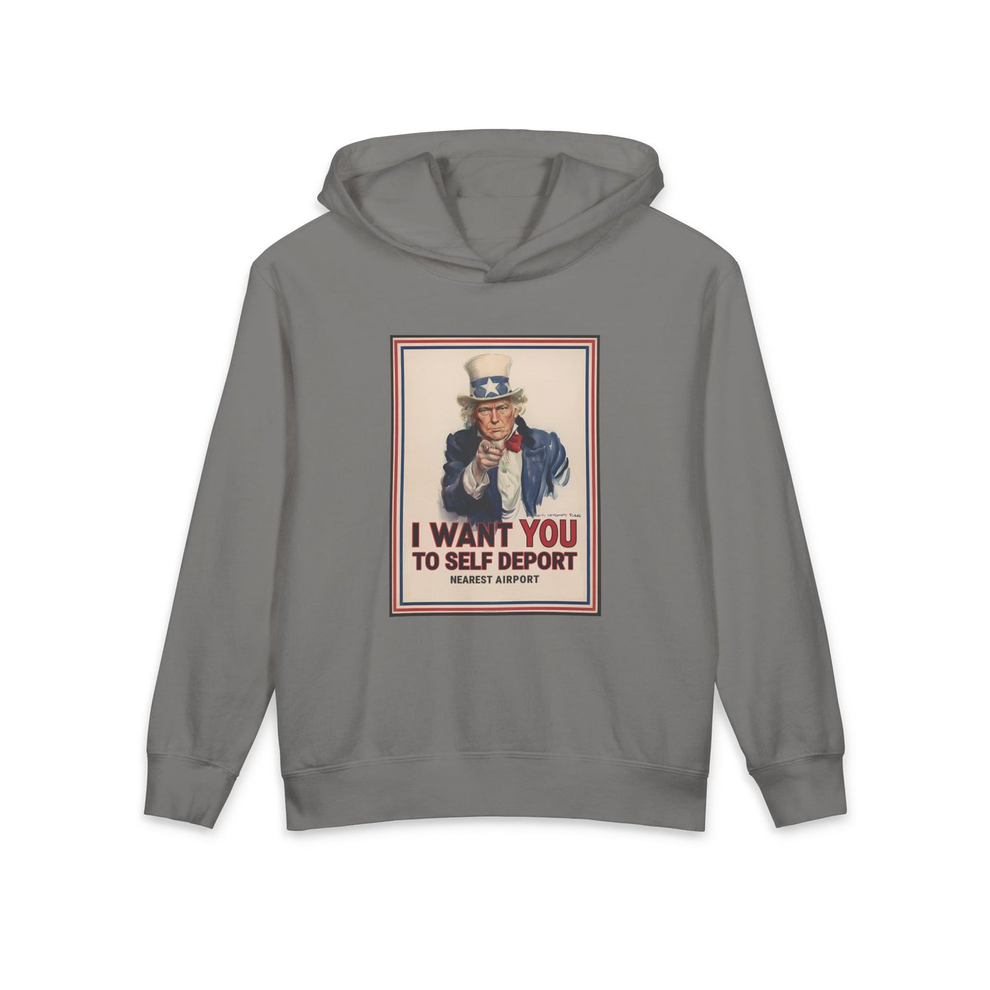 Trump Uncle Sam I Want You to Self Deport Funny Meme Graphic Kids Hooded Sweatshirt Comfort Colors 1467Y Hoodie