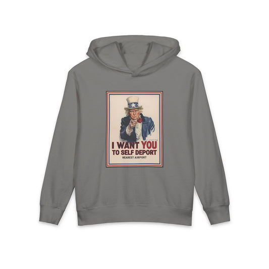 Trump Uncle Sam I Want You to Self Deport Funny Meme Graphic Kids Hooded Sweatshirt Comfort Colors 1467Y Hoodie