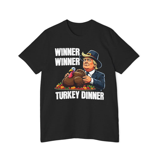 Trump Winner Winner Turkey Dinner Thanksgiving 2024 Pilgrim Hat Funny Graphic Tee Unisex 100% Cotton Made in USA T-Shirt