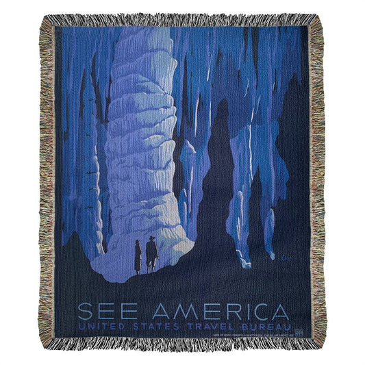 Caverns See America 100% Cotton Throw Blanket Gift for Travel Lover United States Travel Bureau Poster WPA Art
