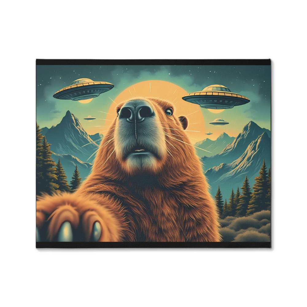 Funny Graphic Capybara Selfie with UFOs Weird Canvas Wall Art