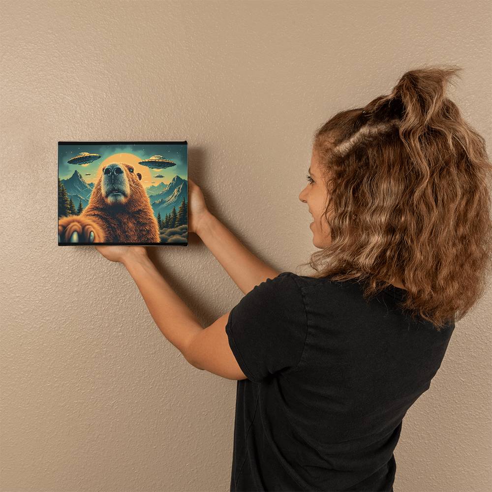 Funny Graphic Capybara Selfie with UFOs Weird Canvas Wall Art