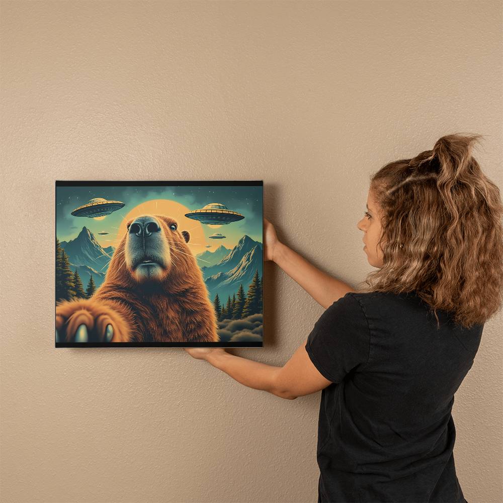 Funny Graphic Capybara Selfie with UFOs Weird Canvas Wall Art