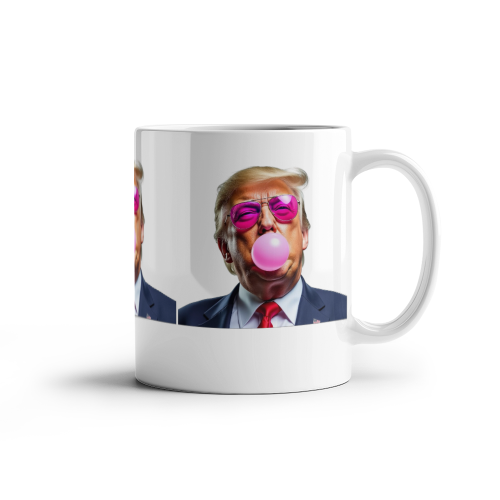 Donald Trump Blowing Bubble Gum Pink Sunglasses Graphic Funny Political Coffee Mug (11 oz)