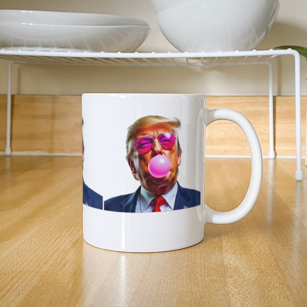 Donald Trump Blowing Bubble Gum Pink Sunglasses Graphic Funny Political Coffee Mug (11 oz)