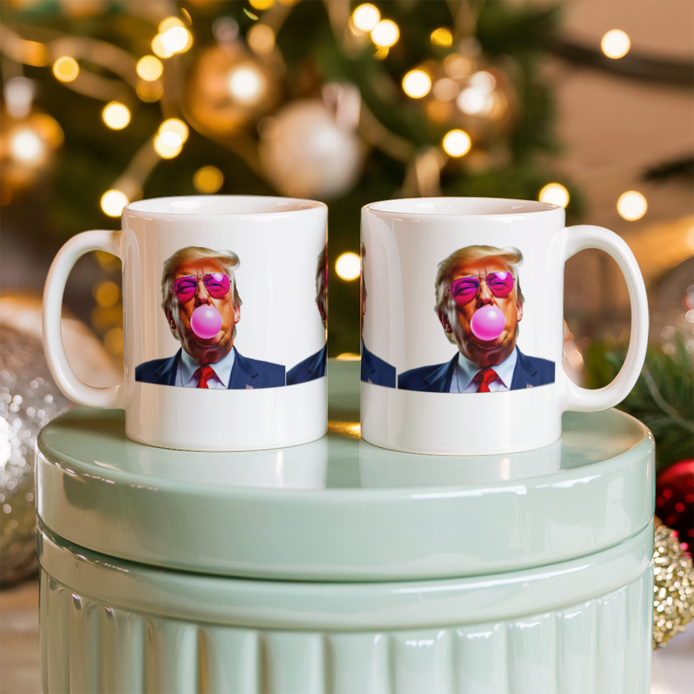 Donald Trump Blowing Bubble Gum Pink Sunglasses Graphic Funny Political Coffee Mug (11 oz)