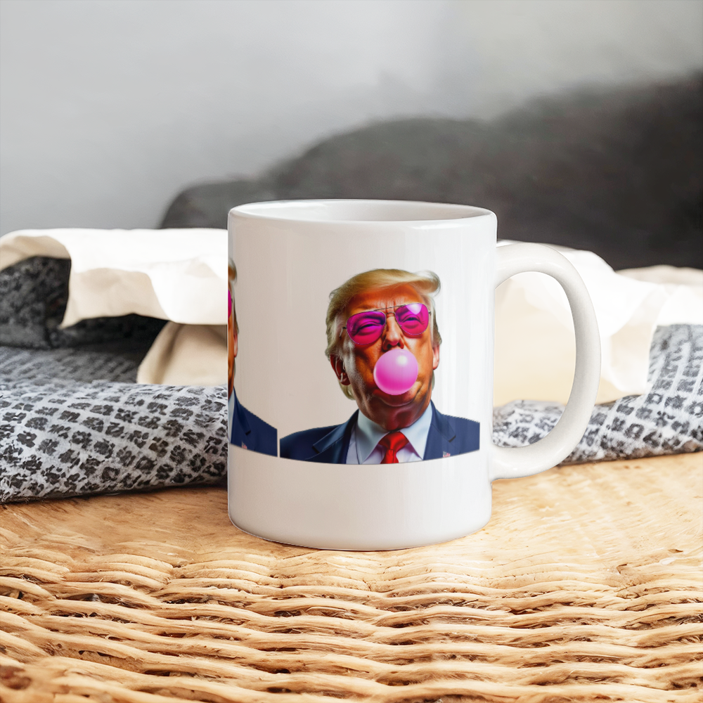 Donald Trump Blowing Bubble Gum Pink Sunglasses Graphic Funny Political Coffee Mug (11 oz)