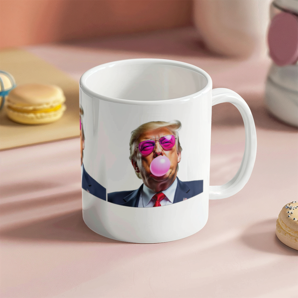 Donald Trump Blowing Bubble Gum Pink Sunglasses Graphic Funny Political Coffee Mug (11 oz)