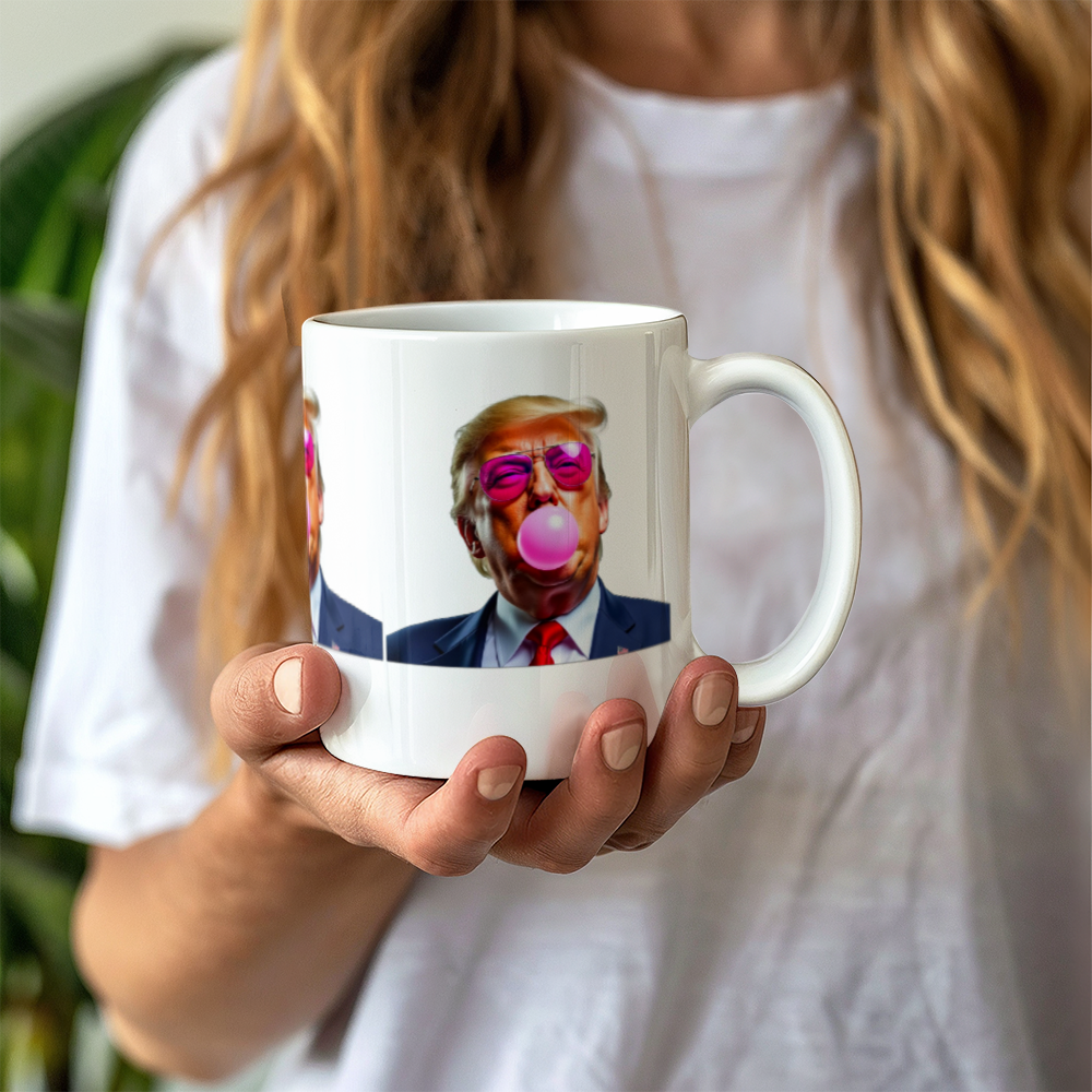 Donald Trump Blowing Bubble Gum Pink Sunglasses Graphic Funny Political Coffee Mug (11 oz)