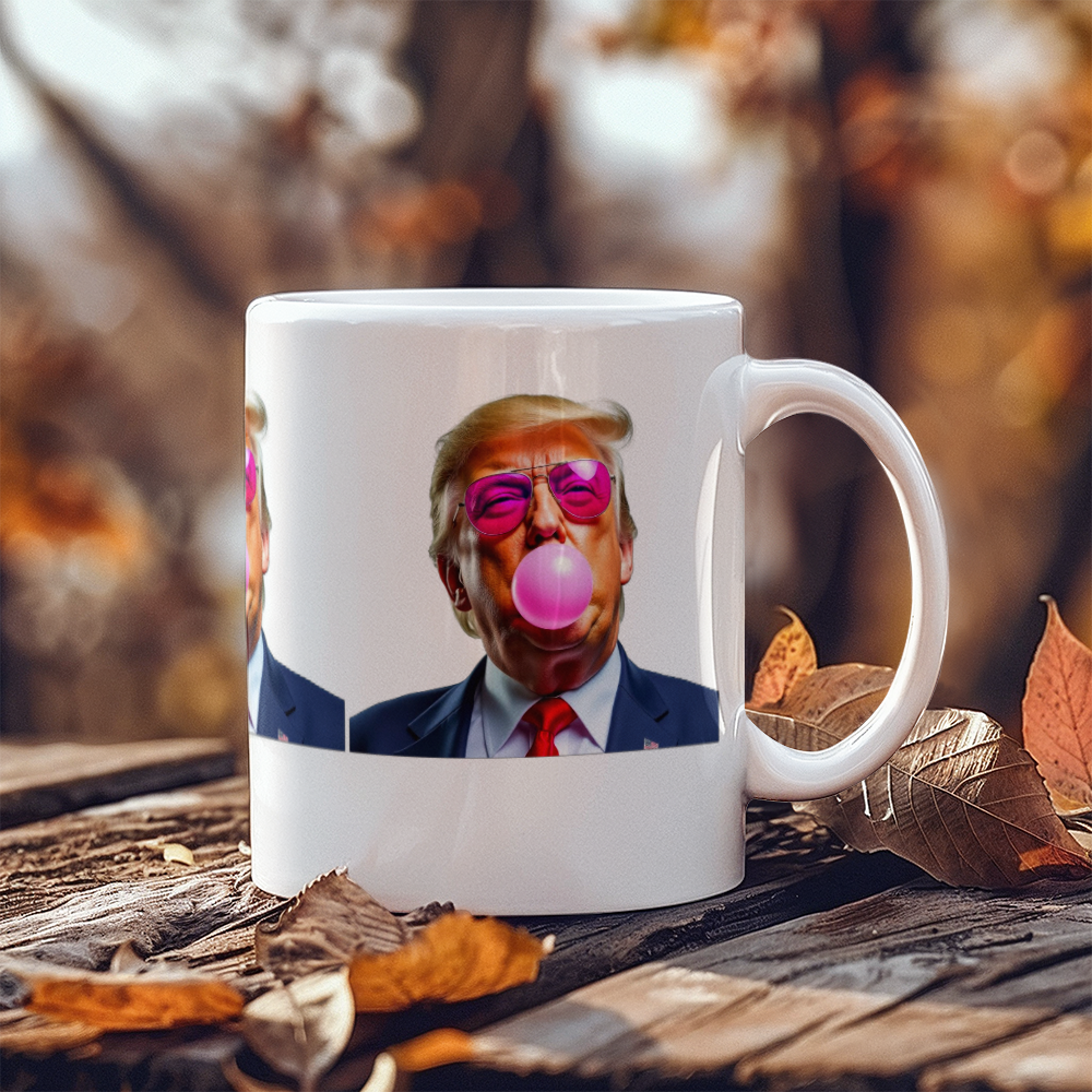 Donald Trump Blowing Bubble Gum Pink Sunglasses Graphic Funny Political Coffee Mug (11 oz)