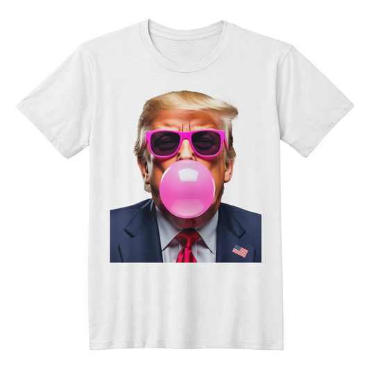 Donald Trump Blowing Bubble Gum Pink Sunglasses Funny Graphic T-Shirt (100% Cotton)