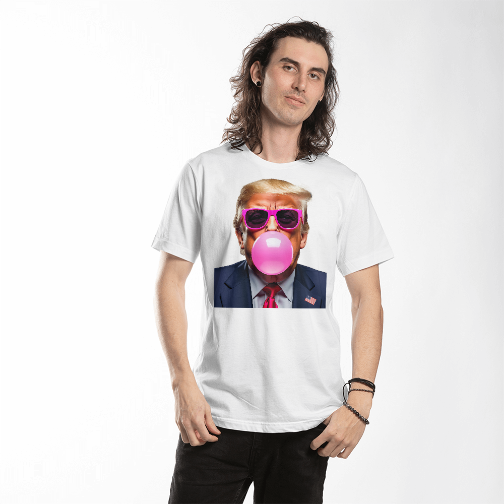 Donald Trump Blowing Bubble Gum Pink Sunglasses Funny Graphic T-Shirt (100% Cotton)