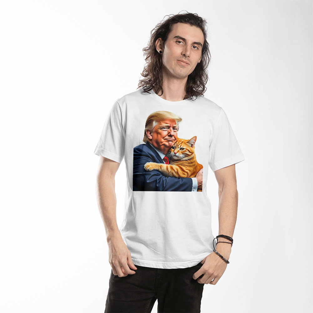 Donald Trump Holding Orange Cat They're Eating the Cats Trump 2024 Funny Graphic T-Shirt (100% Cotton)