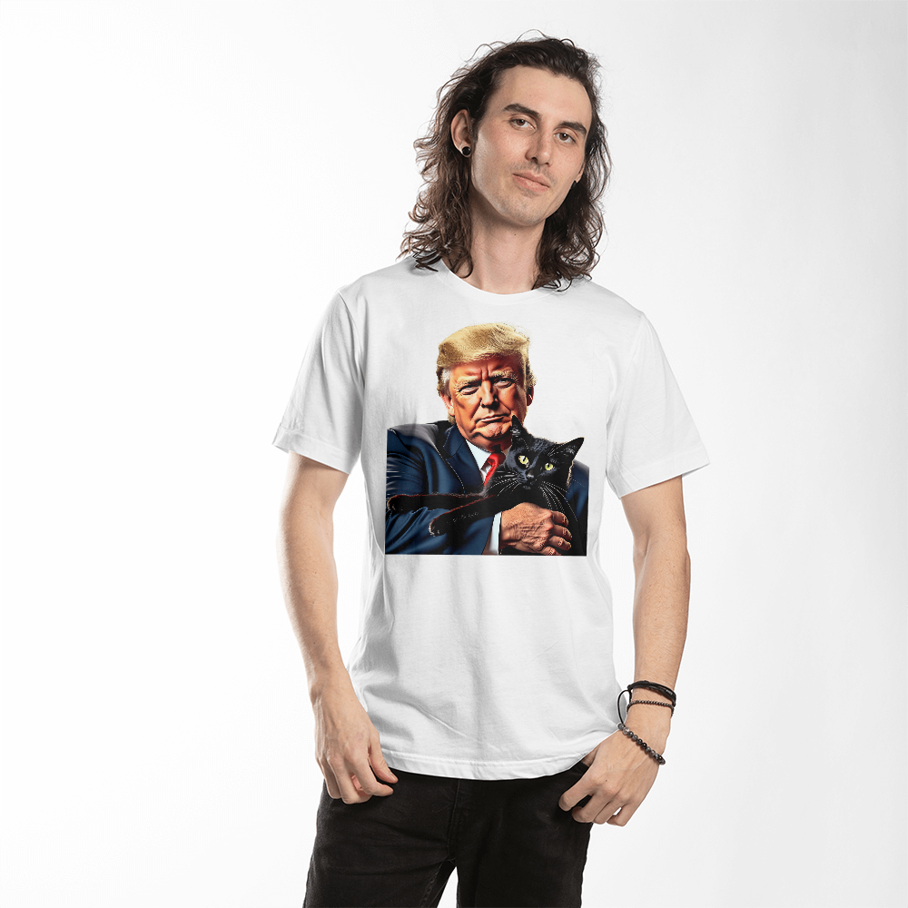 Donald Trump Holding Black Cat They're Eating the Cats Trump 2024 Funny Graphic T-Shirt (100% Cotton)