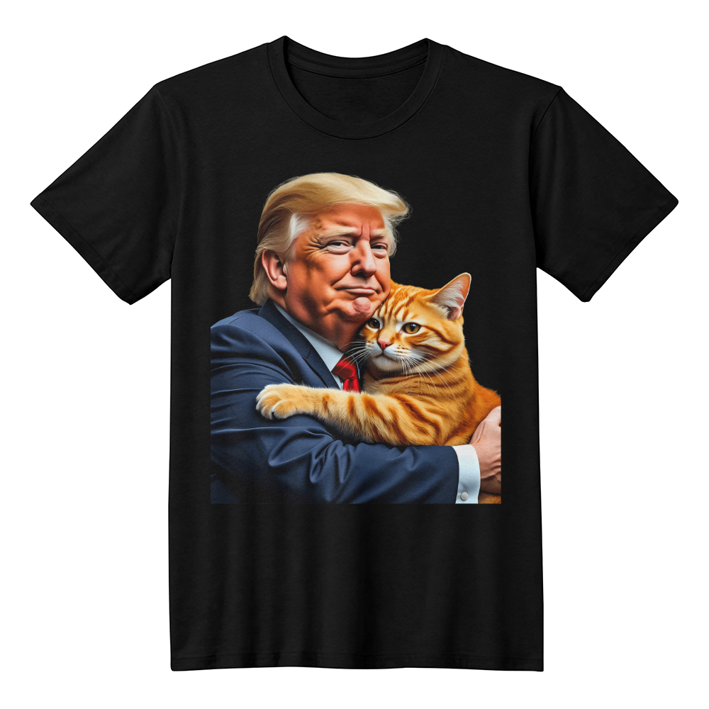 Donald Trump Holding Orange Cat They're Eating the Cats Trump 2024 Funny Graphic T-Shirt (100% Cotton)