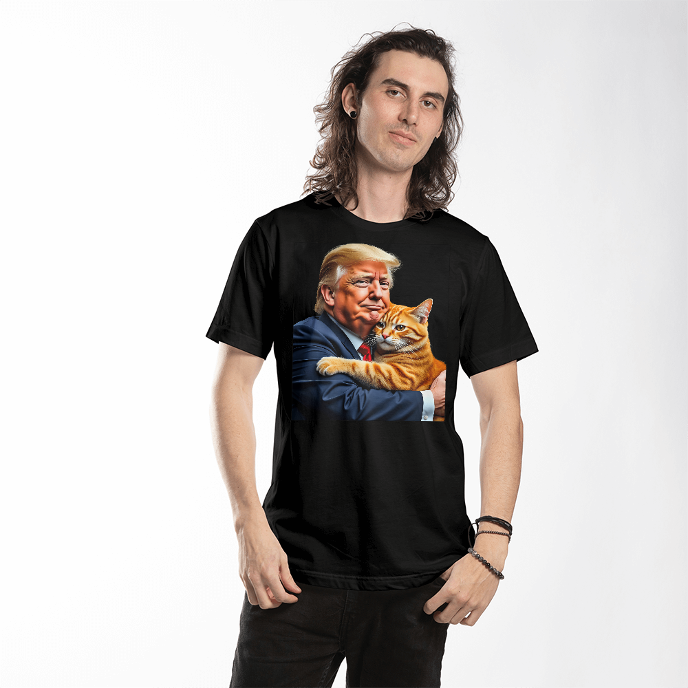 Donald Trump Holding Orange Cat They're Eating the Cats Trump 2024 Funny Graphic T-Shirt (100% Cotton)