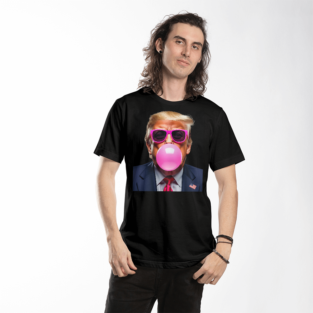 Donald Trump Blowing Bubble Gum Pink Sunglasses Funny Graphic T-Shirt (100% Cotton)