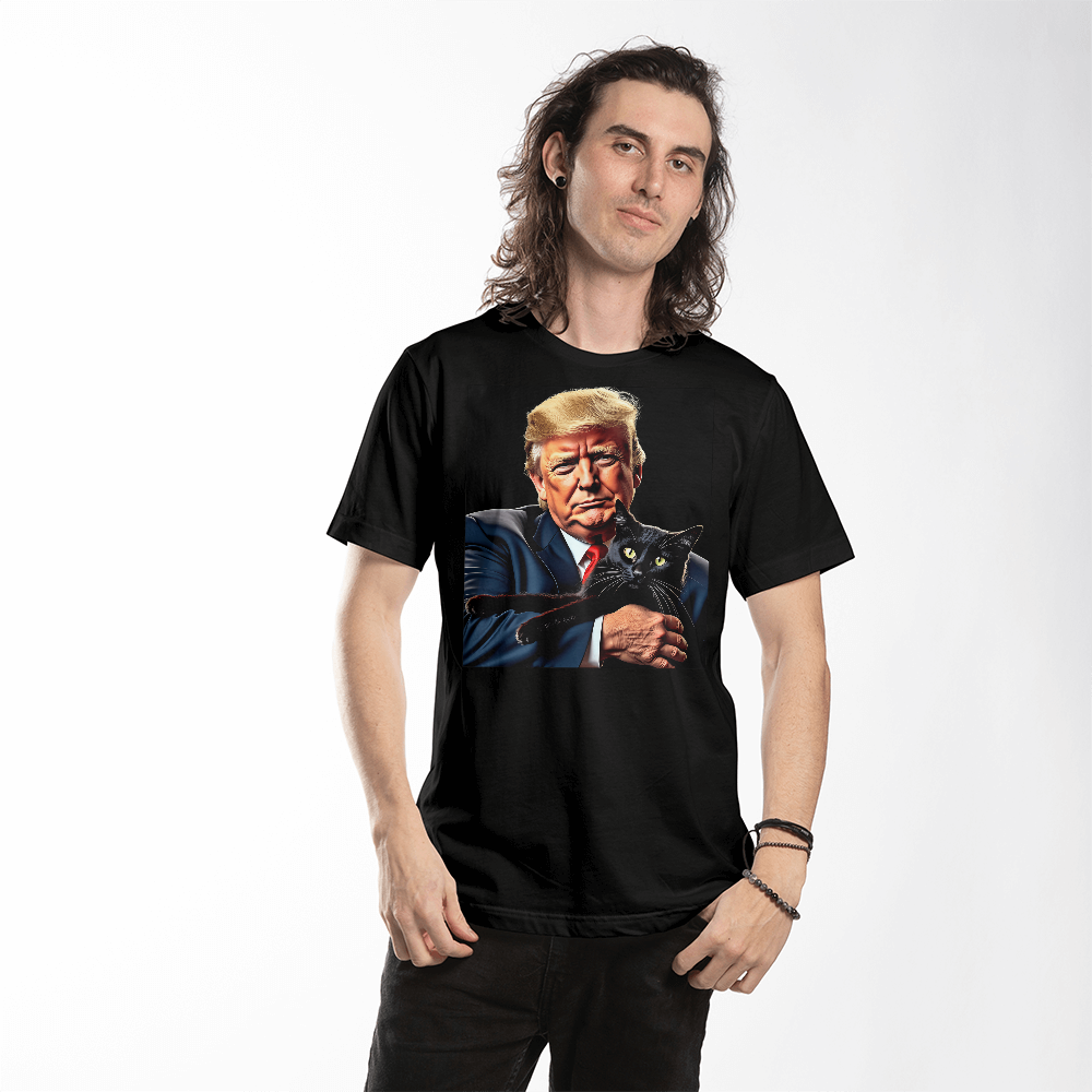 Donald Trump Holding Black Cat They're Eating the Cats Trump 2024 Funny Graphic T-Shirt (100% Cotton)