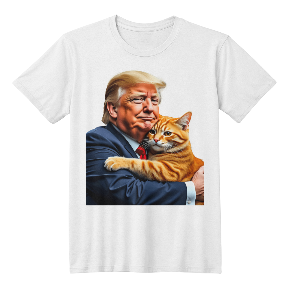 Donald Trump Holding Orange Cat They're Eating the Cats Trump 2024 Funny Graphic T-Shirt (100% Cotton)