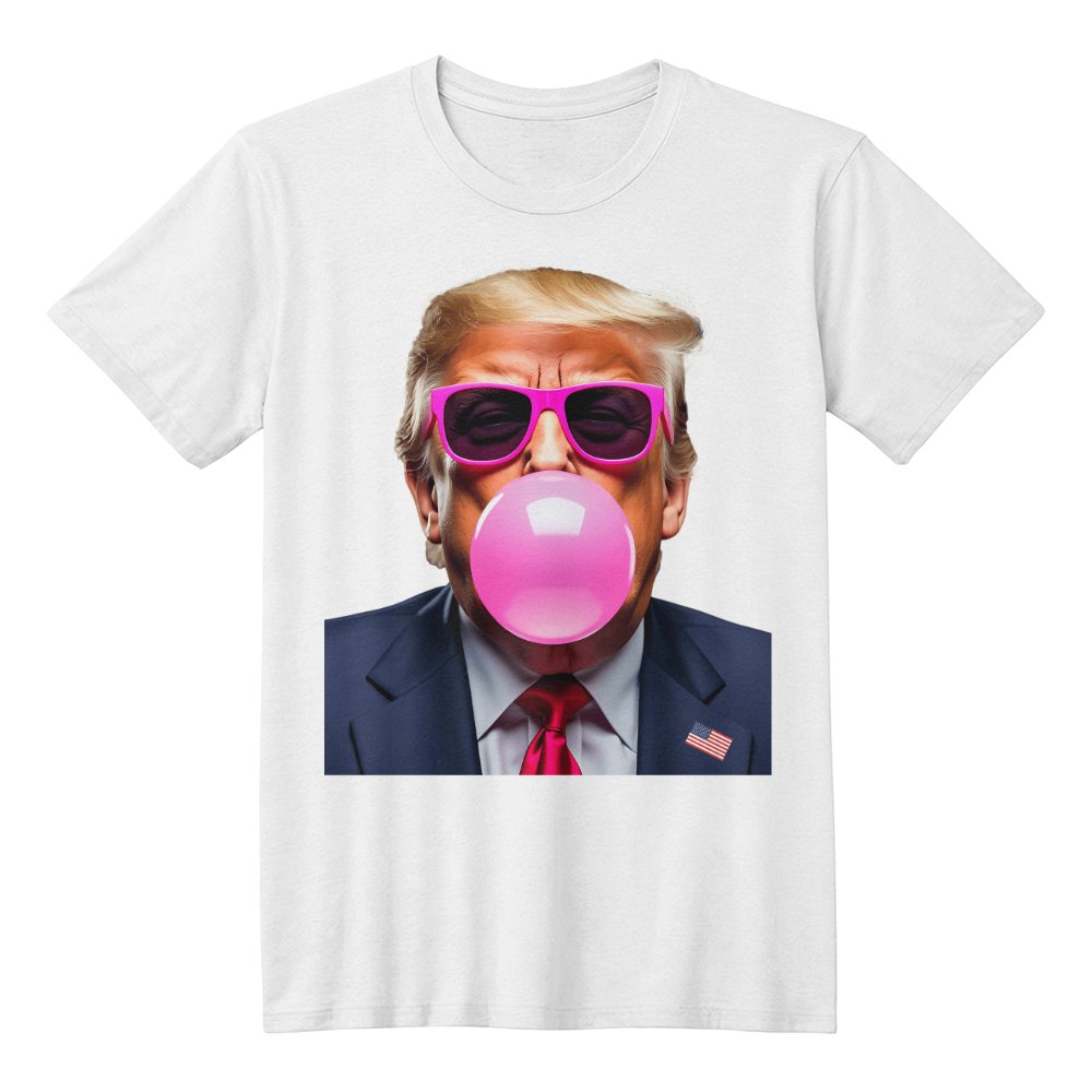 Donald Trump Blowing Bubble Gum Pink Sunglasses Funny Graphic T-Shirt (100% Cotton)