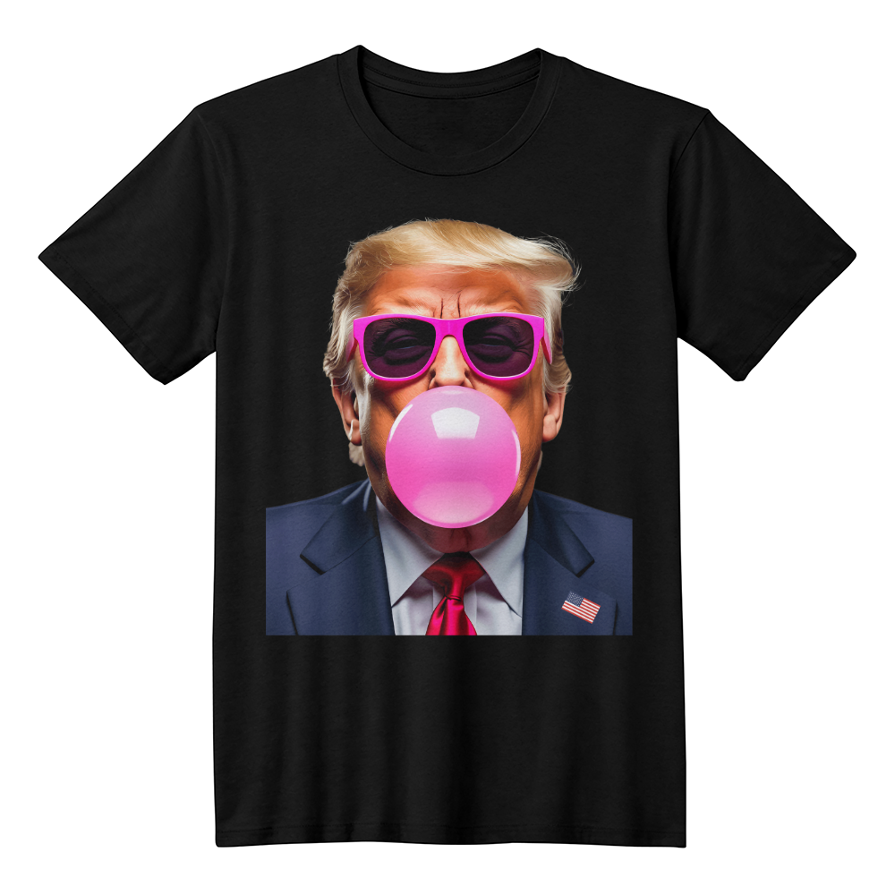 Donald Trump Blowing Bubble Gum Pink Sunglasses Funny Graphic T-Shirt (100% Cotton)